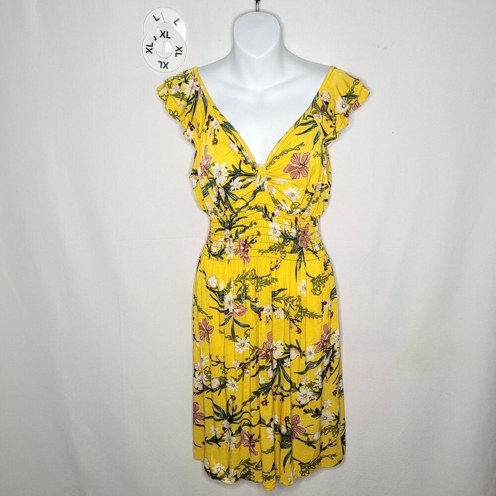GM Yellow Tropical Floral Smocked Flutter Sleeve Dress L/XL NWT - Picture 1 of 8